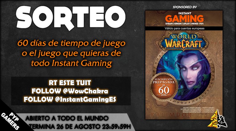 WowChakra's tweet photo. ¡No te quedes sin tiempo para jugar Battle for Azeroth!

Sorteo de 60 días de World of Warcraft (EU) o si lo prefieres el juego que tu elijas de todo @InstangGamingES

▶️RT este tuit
▶️Sigue a @WowChakra
▶️Sigue a @InstantGamingES

Bases: https://t.co/QxPylArsvi https://t.co/mTAIt6sKSg
