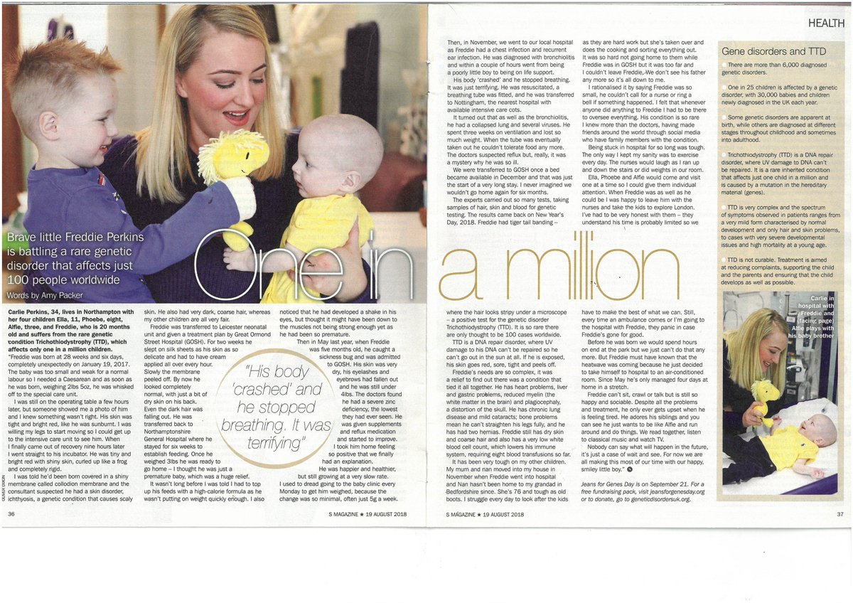 jeansforgenes's tweet photo. "Freddie can't sit, crawl or talk, but is still so happy and sociable." Read @SMagazineUK's story on Freddie who was born with the genetic disorder Trichothiodystrophy which affects his heart and lungs, his brain, skull, skin, eyes, stomach and ability to eat. #MondayMotivation https://t.co/vNd7DOgglL