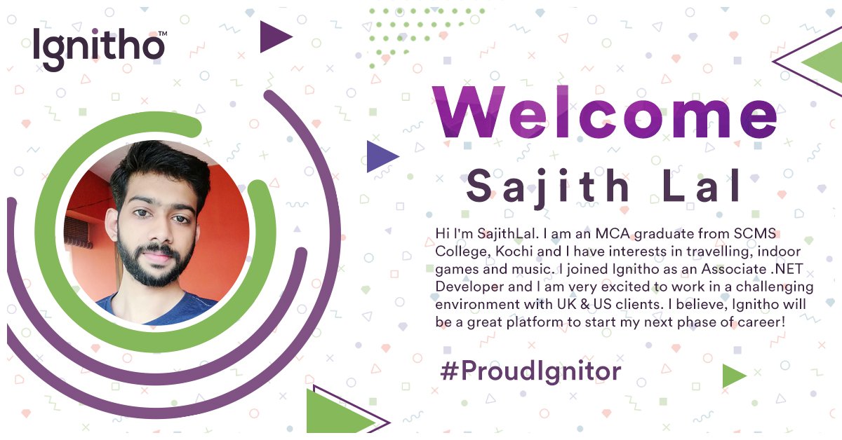 ignitho_india's tweet photo. Welcoming our new Ignitor Sajith Lal to the journey of Igniting Thought!
#ProudIgnitor #Welcome #IgnitingThought #dreamjob https://t.co/R6odzD6zZC
