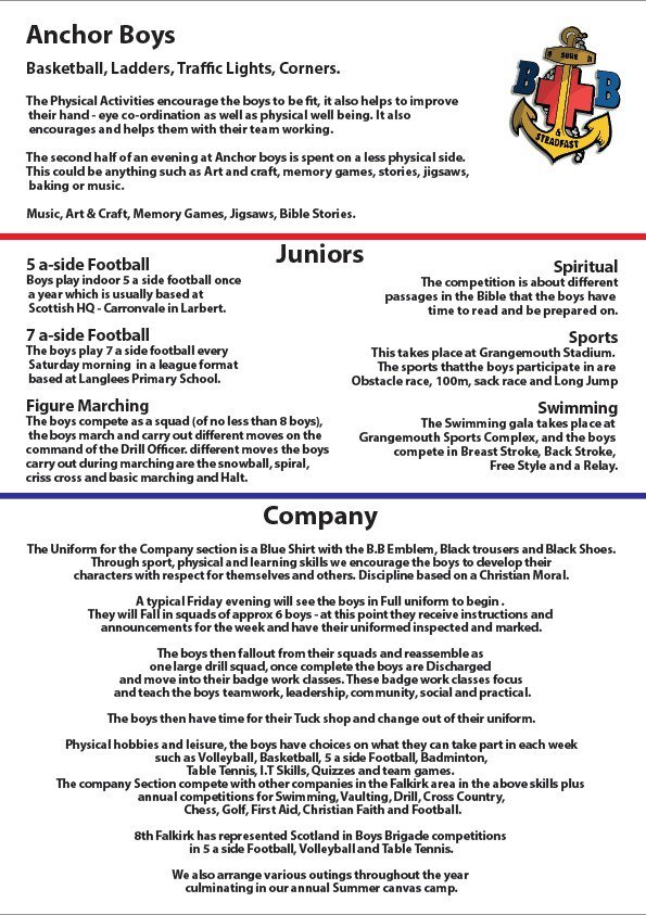 Looking for an organisation for your Son 2 join? Something 2 keep him active &amp; learn vital life skills? Boasting ex member like Sir Alex Ferguson &amp; Lord Alan Sugar Boasting a Summer Canvas Camp 8th Falkirk Boys Brigade is the Organisation 2 Join. See here
8thfalkirkbb.co.uk