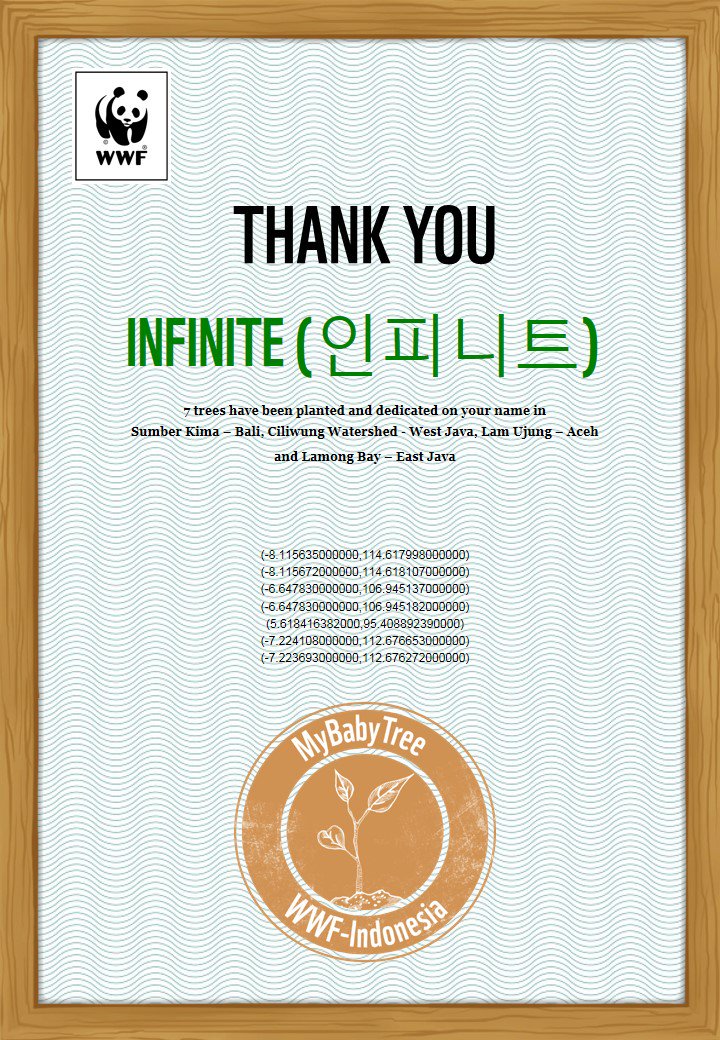 InfiniteLjong's tweet image. E-CERTIFICATE HAS BEEN RELEASED!! Thanks a lot to @WWF_ID 🙏🙏🌿 #MyBabyTree