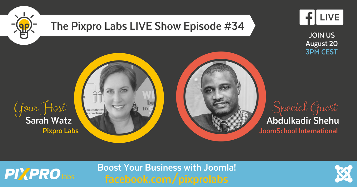 pixproglobal's tweet photo. Join us in 60 min @sarahwatz on @pixprolabs LIVE Show #34 with special guest @AKSHEHU2012 from @JoomSchoolNG. Get notified, ask your questions and join us here: https://t.co/9t0U2ksCpX
#joomla #business #grow https://t.co/PLdIuN3L0N