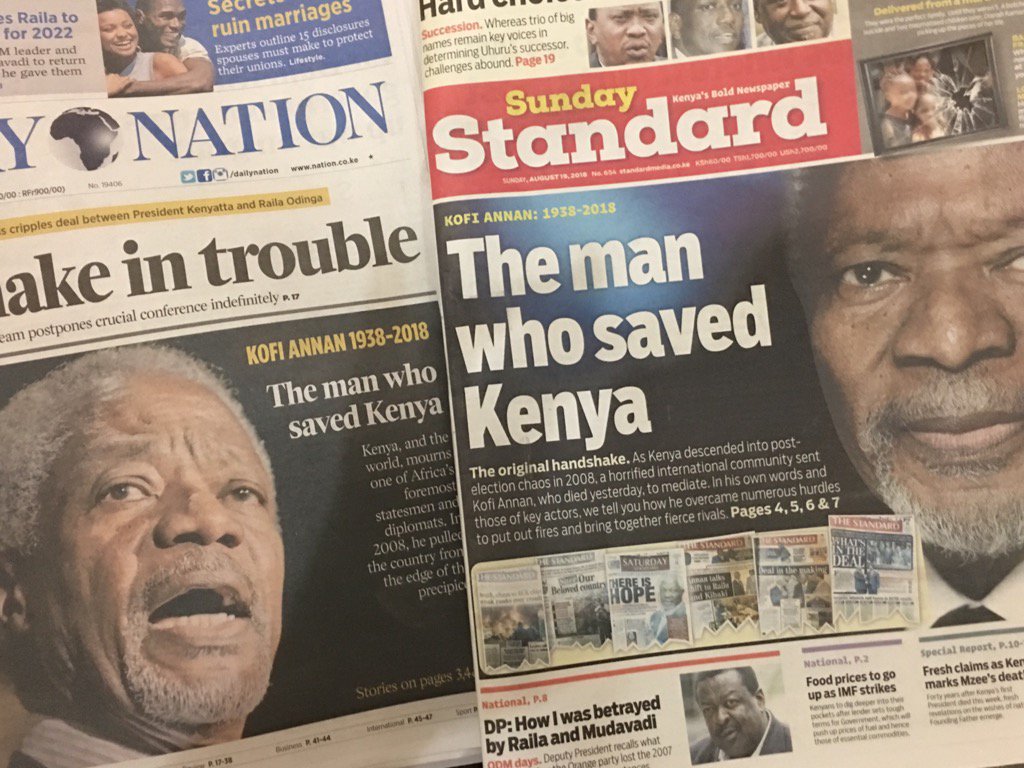 dougonley's tweet photo. Headlines in Kenya's two leading papers say it all. #RIPKofiAnnan https://t.co/dEj6QV6Bf8