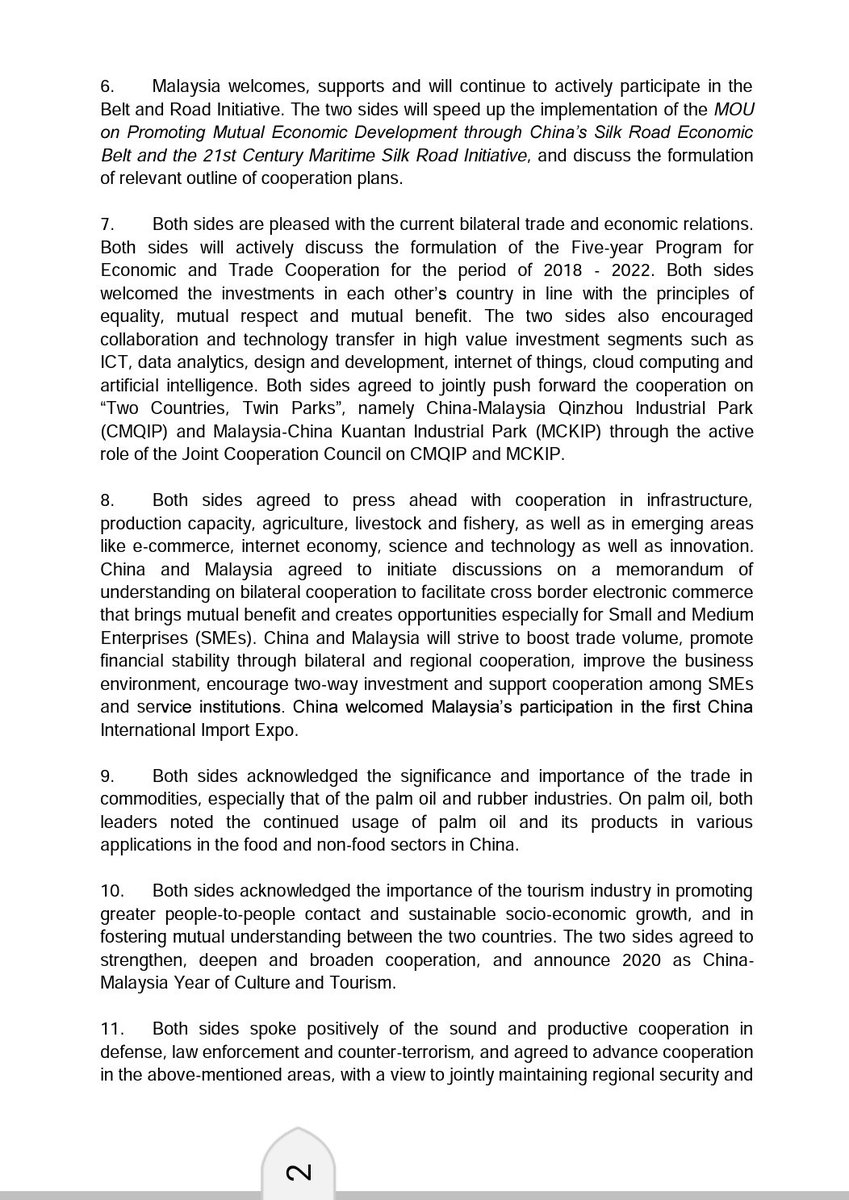 DSRamlan's tweet photo. Joint Statement between the Government of the People's Republic of #China &amp; the Government of #Malaysia, 20 August 2018, Beijing

@chedetofficial 
@saifuddinabd https://t.co/VIrIDNtpb5