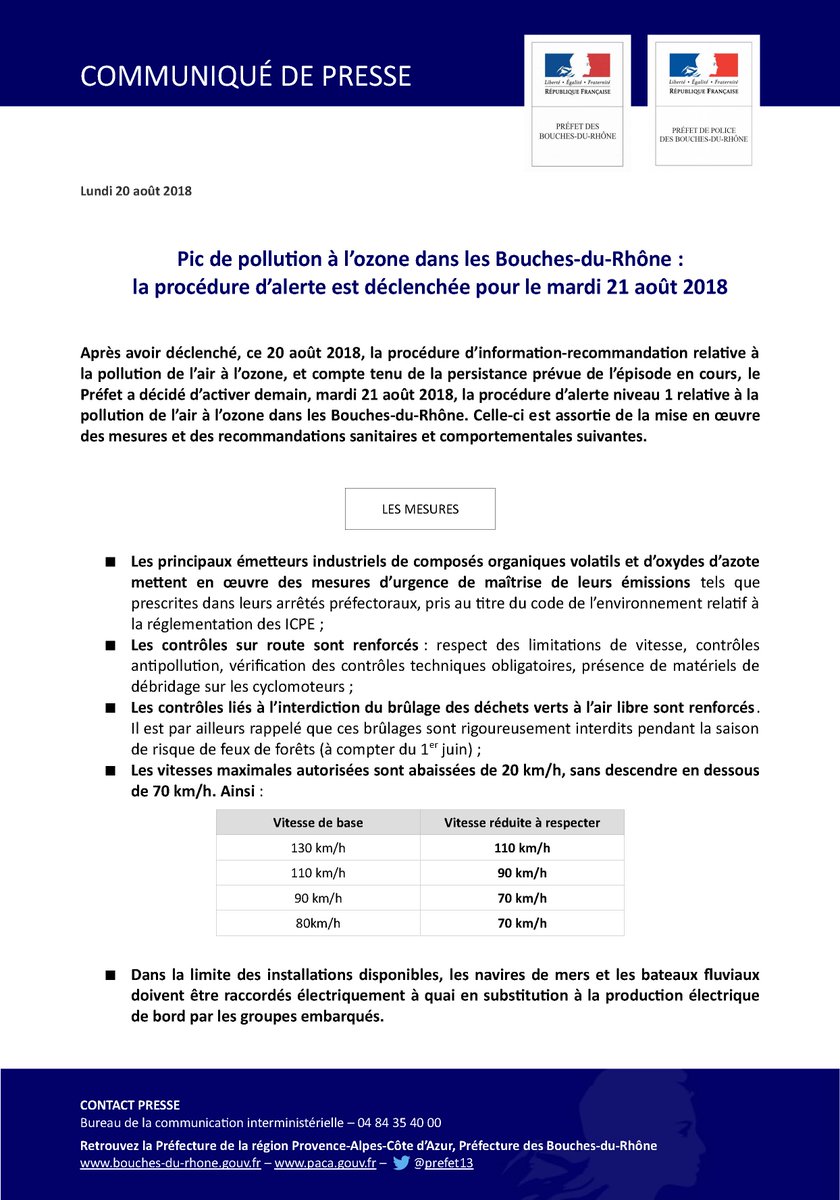 Prefet13's tweet image. Pic de #pollution à l’#ozone sur les #BouchesDuRhône : la procédure d’alerte est déclenchée pour demain, mardi 21 août.
⚠️ Les vitesses maximales autorisées sont abaissées de 20 km/h, sans descendre en dessous de 70 km/h. 
Mesures mises en place et les recommandations ⤵️