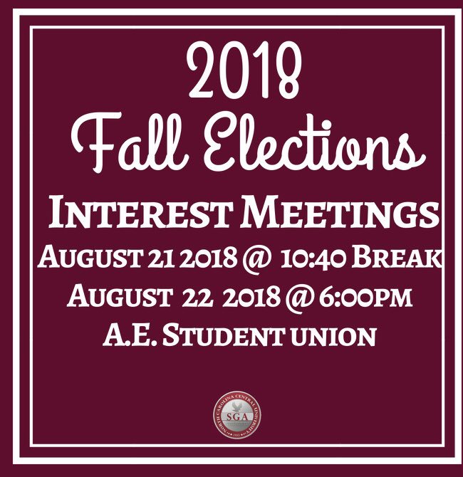 Interested in serving your student body? Join us for the final interest meetings of the fall election season! This meeting is open to all classes! If you have questions about open positions, please contact our Elections Director, Jessica Watson, at Jwatso49@eagles.nccu.edu! #NCCU