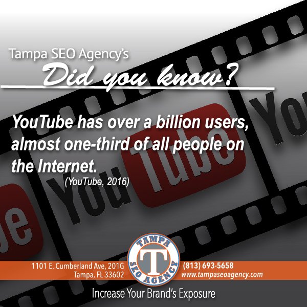 tampa_seoagency's tweet image. YouTube has over a billion users, almost one-third of all people on the internet. #didyouknow
