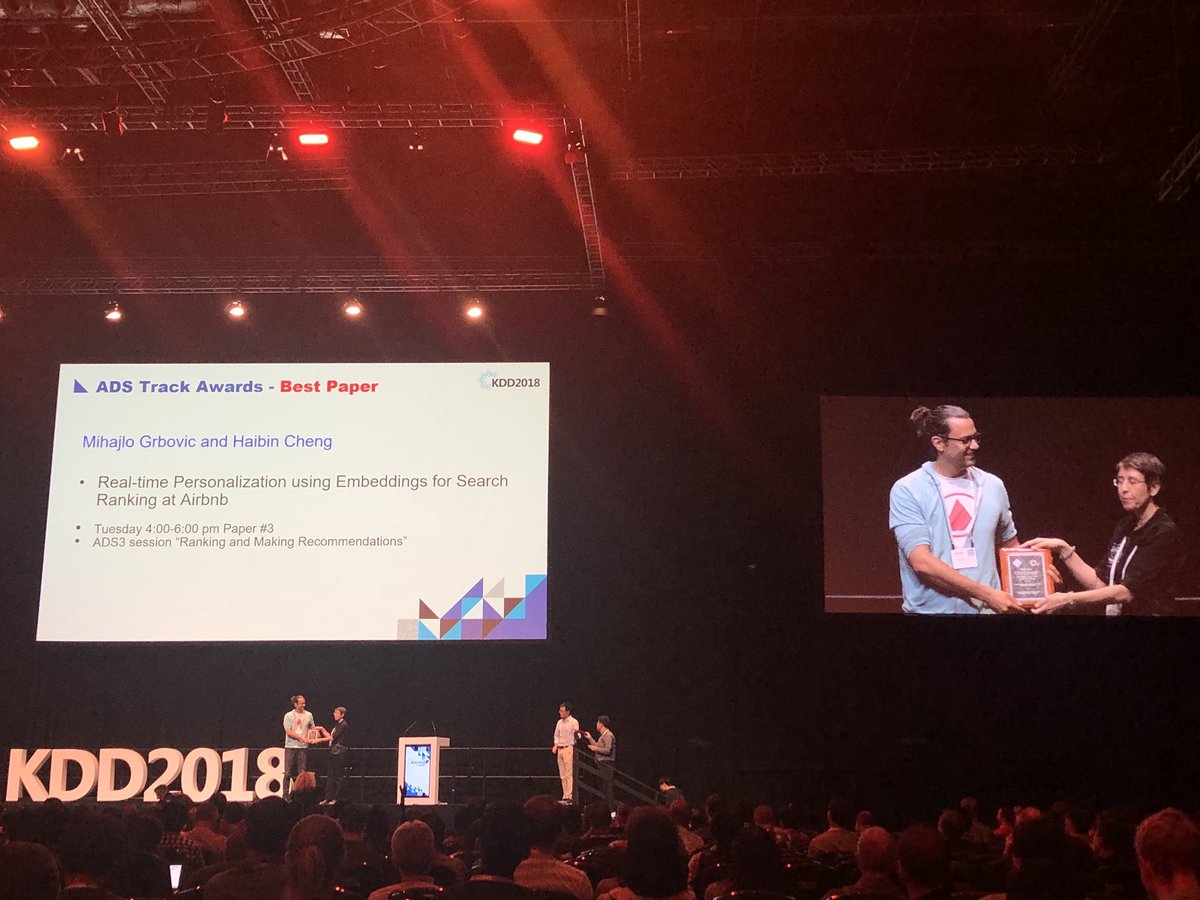 I’m very honored to have received the Best Paper Award at #KDD2018 for Industry Track. I had so much fun working on this project. I’m so proud of the entire Search Ranking team and that our work has been recognized by the biggest conference in the field. #airbnb @AirbnbData
