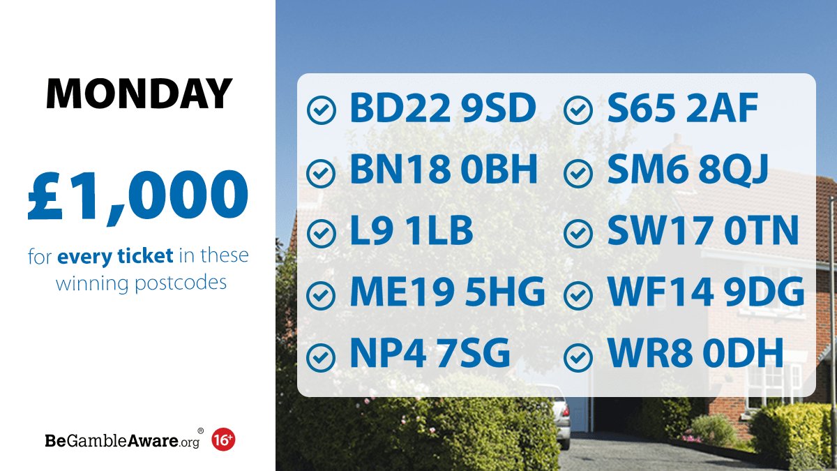 PostcodeLottery's tweet photo. It's been a remarkable Monday for our £1000 #DailyPrize winners in #Oxenhope, #Arundel, #Liverpool, #Leybourne, #Varteg, #Rotherham, #Wallington, #Tooting, #Mirfield & #Worcester!
Check back tomorrow to see if your postcode is a Tuesday winner 🤞
https://t.co/D6kx0MQyHR https://t.co/2y5bZBdssn