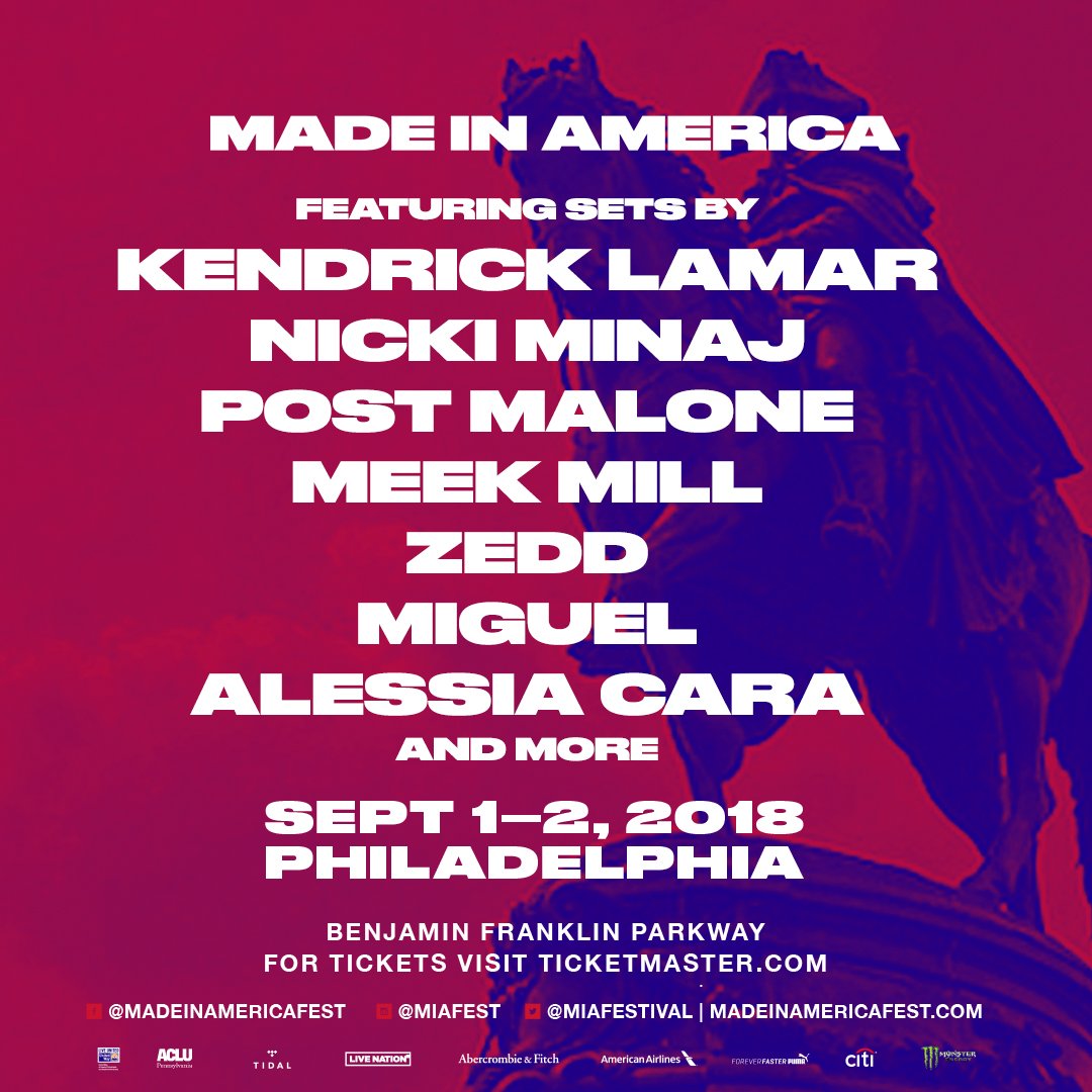MIAFestival's tweet photo. 12 days left until @kendricklamar @NickiMinaj @postmalone @MeekMill @zedd @Miguel @AlessiaCara and more hit the stage at #MadeInAmerica! Don’t miss them live this September 1-2 in Philly. Buy tickets now: https://t.co/IzMRqkYSOA https://t.co/Pt9Pl7cOL6