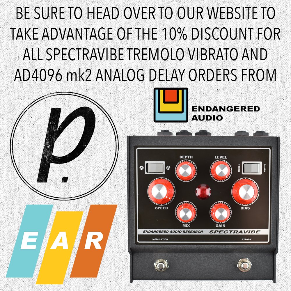 pedaloftheday's tweet photo. Click the link to visit get all the details on how to get 10% off any @EndangeredAudio pedal you order through @reverbdotcom! Don’t forget to check out the Full Review & Demo Video for their #Spectravibe Tremolo Vibrato, too! https://t.co/SukaNdcJSs #pedaloftheday #guitar #potd https://t.co/i4pAbPdAwi