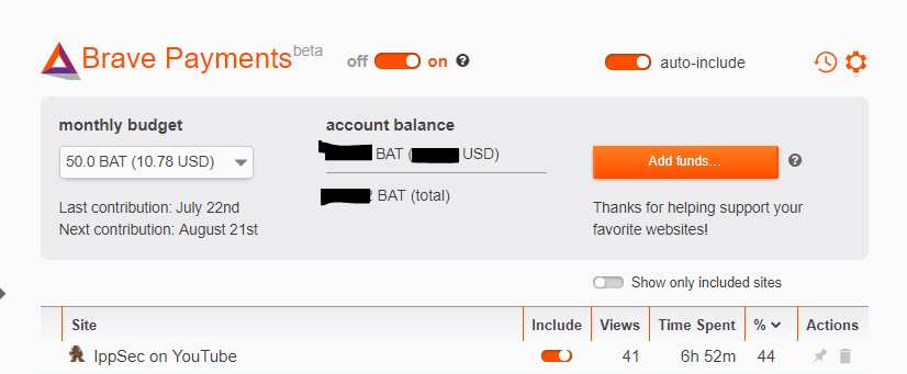 Found <a href="/ippsec/">ippsec</a> youtube channel recently.  Quickly rose to the top of my <a href="/brave/">Brave</a> <a href="/AttentionToken/">Basic Attention Token (BAT)</a> payments list.  I expect this percentage will increase as I devour his content over the next month or two.  ippsec is a wizard.  Thanks for all you do.