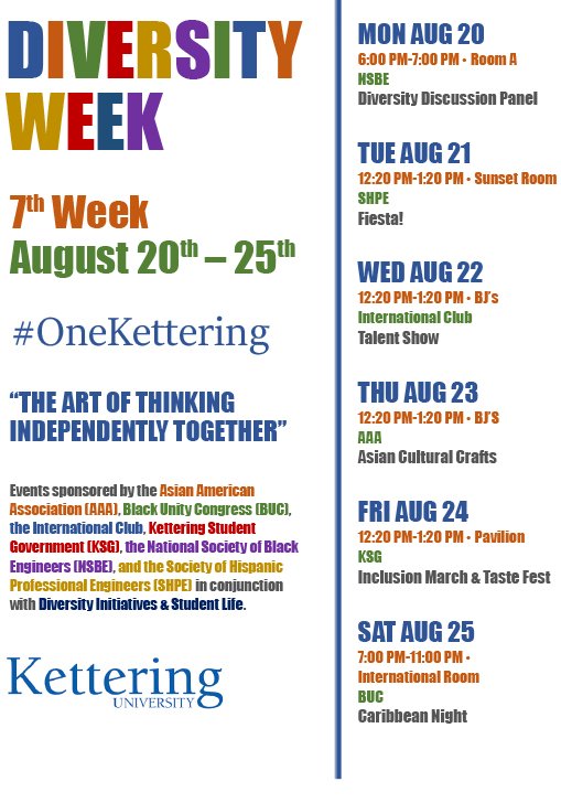 KetteringU's tweet photo. Diversity Week is this week at Kettering University! Check out all the activities available to students. #OneKettering https://t.co/ri2lvFUH06