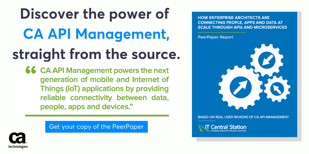 CAapi's tweet image. “CA API Management powers the next generation of #mobile and #IoT applications by providing reliable connectivity between #data, people, #apps, and devices” says a customer of @CAapi. Read more user reviews in a new paper by @ITCenSta cainc.to/CLZXIA