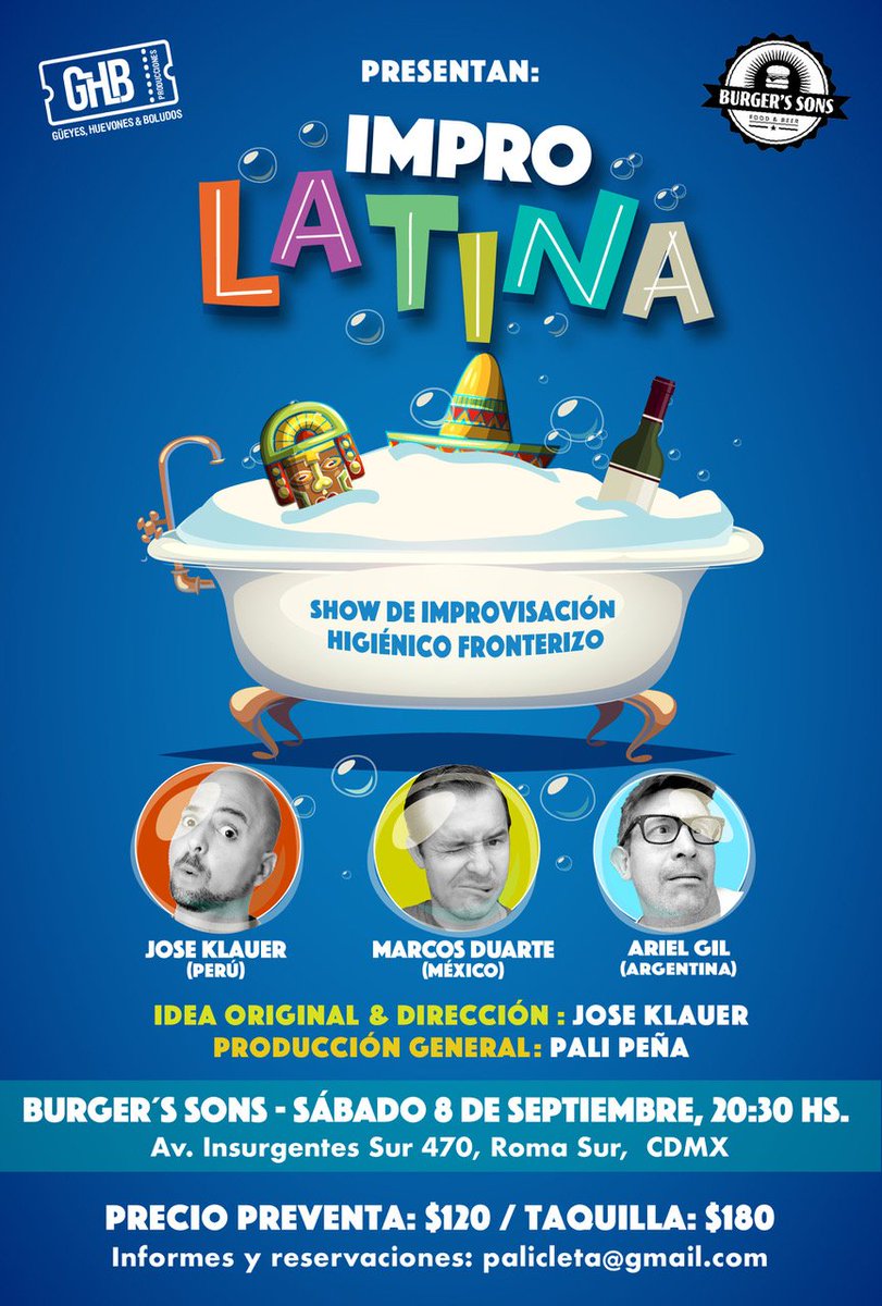 GHBProducciones's tweet photo. El próximo sábado 8 de septiembre #HayImpro!!!
#ImproLATINA @JoseKlauer @mduarteactor @palicleta #ArielGil @burgers_sons 
#ShowsGHB https://t.co/YDoAkhTN0y