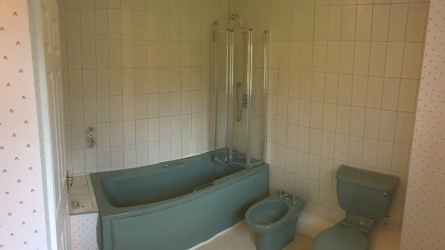 CallBaldy's tweet photo. Another cracking transformation! One more dated  bathroom given a new lease of life as a fabulous shower room! Anyone know the colour of this suite? It’s a bit dark for avocado🤔 All consigned to history now giving our client a sparkly, safe new showering space😍 https://t.co/lnjzD1oT7a