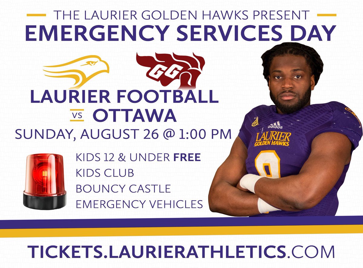 LaurierFootball's tweet image. THIS SUNDAY, come out to University Stadium for our @OUAsport 🏈home opener to show some 💜💛 for local emergency services and your Golden Hawks! #Waterloo
