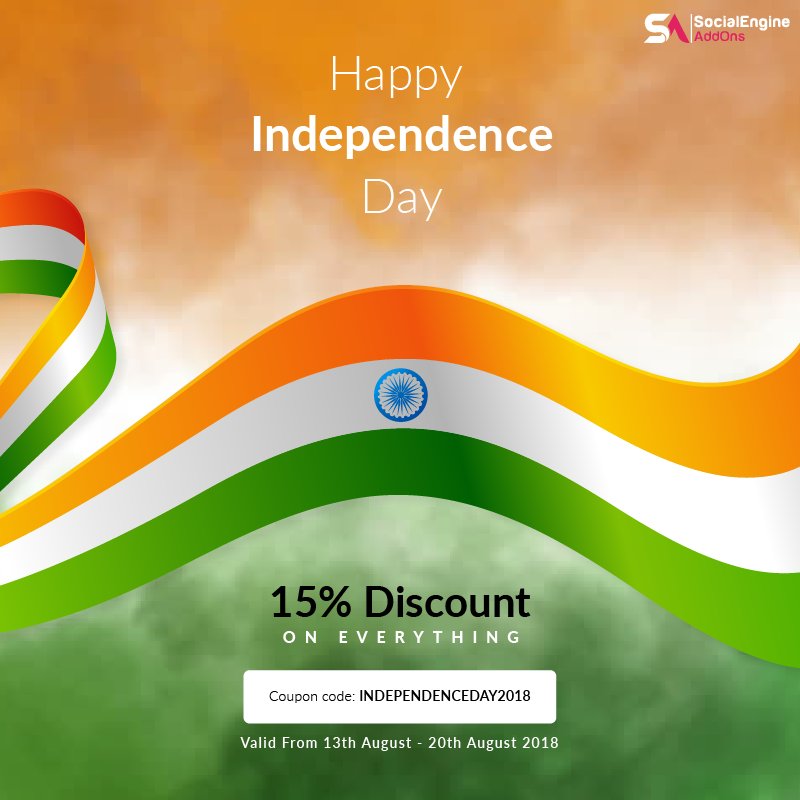 socialappstech's tweet image. Independence Day Discount Continues!

Last day to avail great Discount of 15% on every purchase via the Coupon Code: INDEPENDENCEDAY2018

Hurry up and grab the deal! - bit.ly/2P6BZ9l 
#SocialEngine #SocialEnginePlugins #Discount