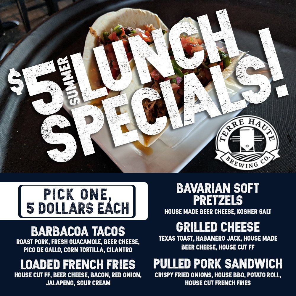 thbcbeer's tweet photo. THBC Lunch Specials! (Dine in Only! Mon-Fri, 11am-3pm) #LunchSpecials #THBC #TerreHauteBrewingCo #DailySpecials #CraftFoods #CraftBeers #5BuckLunch #5DollarLunch https://t.co/ASjqAzGRjm