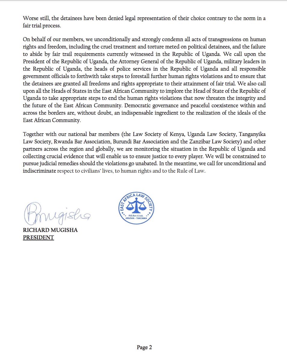 Maskani254's tweet photo. .@ealawsociety's PUBLIC STATEMENT ON THE STATE OF THE RULE OF LAW AND HUMAN RIGHTS IN THE REPUBLIC OF UGANDA. #FreeBobbyWine #FreeBobiWine https://t.co/CFstVtiHvd