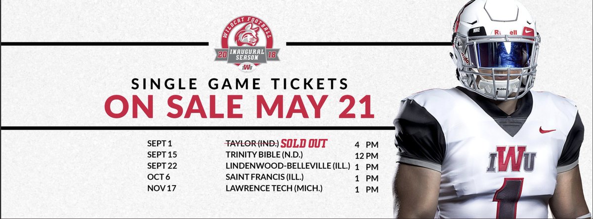 IWUWildcats's tweet photo. We have officially SOLD OUT the @IndWesleyan_FB game verse Taylor on September 1. We do still have tickets available for the other four games but get them soon as they are going fast! https://t.co/Ib8TWgR0za