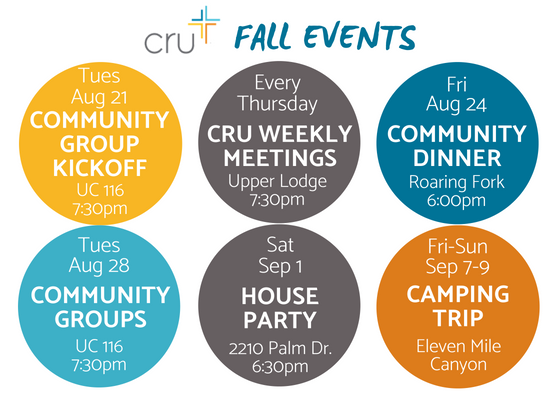 CruUCCS's tweet photo. Check out all the things we have going on the next couple of weeks! #CruMunity #CommunityGroups #WeeklyMeeting #FreeFood #Camping https://t.co/agToektBS3