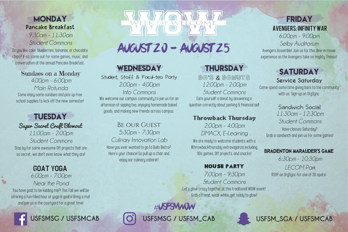 USFSM's tweet photo. Welcome back students, faculty and staff! Don't miss out on all the great events during #WeekofWelcome 🤘 https://t.co/luhmelFgGO