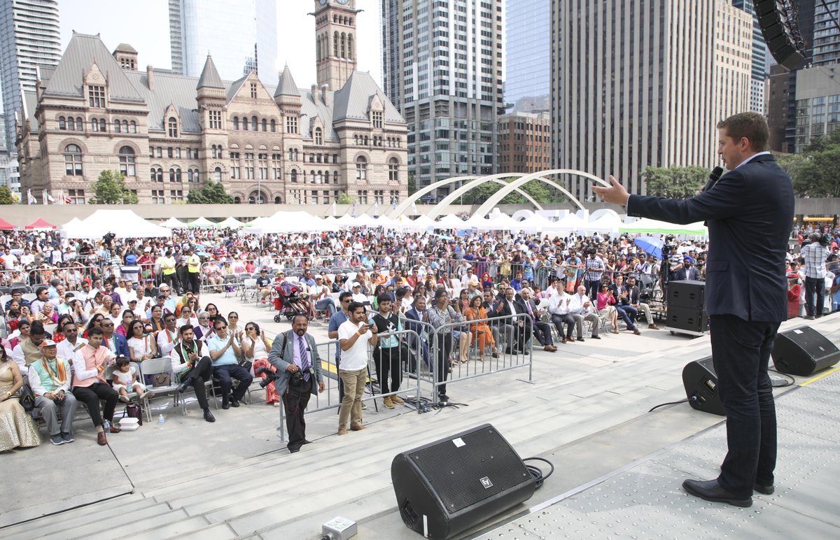 AndrewScheer's tweet photo. Celebrated Indian Independence Day with @IndiainToronto Consul General @dineshbhatia, @jimmysheirgill and Malkit Singh. Amazing to join in on events with the huge crowd in Nathan Phillips Square yesterday. https://t.co/82q3HBxH2t