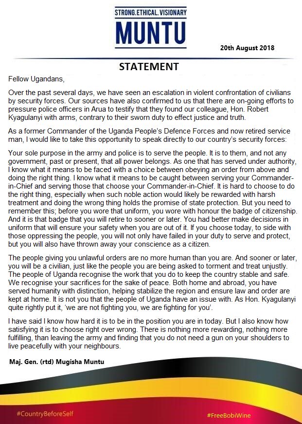 While we continue to pursue all possible means to #FreeBobiWine, I would like to urge the men and women in uniform to choose right over might and desist from being used as pawns in the unjust and highhanded torture of Ugandans. Find below, my message to them.
#CountryBeforeSelf