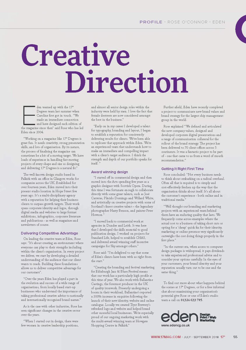17degreesmag1's tweet photo. Meet the team behind 17 Degrees Magazine. Rose O’Connor, Creative Director with Eden, explains what it’s like to lead the team who design and artwork 17 Degrees Magazine.
Under @EdenCG *Creative Direction*
#17degreesmagazine #forthvalley https://t.co/I9rbtQc5Zn
