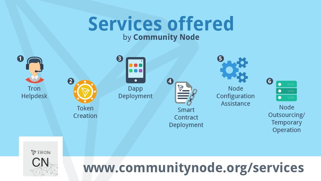 community_node's tweet image. Need help with the #Tron blockchain?
#CommunityNode is here to help you!
For detailed info about our services visit bit.ly/2wdxql2 

#TronSR #Tronics  #Tronix  #cryptocurrency #TRONWALLET #crypto #trx  #TRONFUN