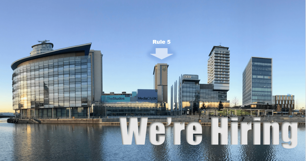 5Rule5's tweet photo. Rule 5 is recruiting: PR AD &amp; PR AM in #MediaCityUK. https://t.co/YDHFvgmq65 #prjobs https://t.co/c5D3a2eJZW