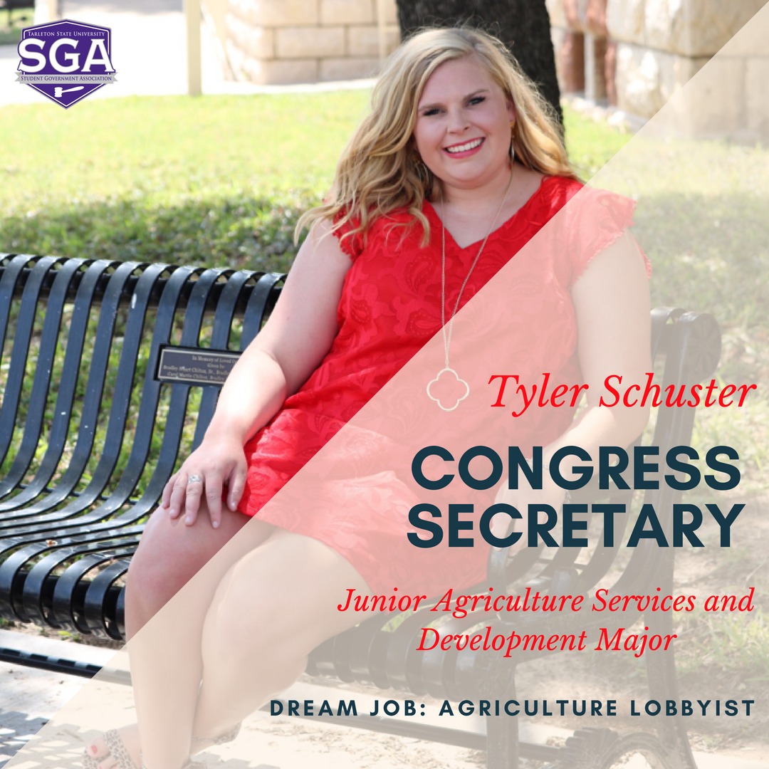 TarletonSGA's tweet image. This week's Servant Spotlight is our Congress Secretary Tyler Schuster from Bracketville Texas!  
Here is a little bit about Tyler
Her favorite US leader is Barbra Bush 
Her favorite cake flavor is Red Velvet