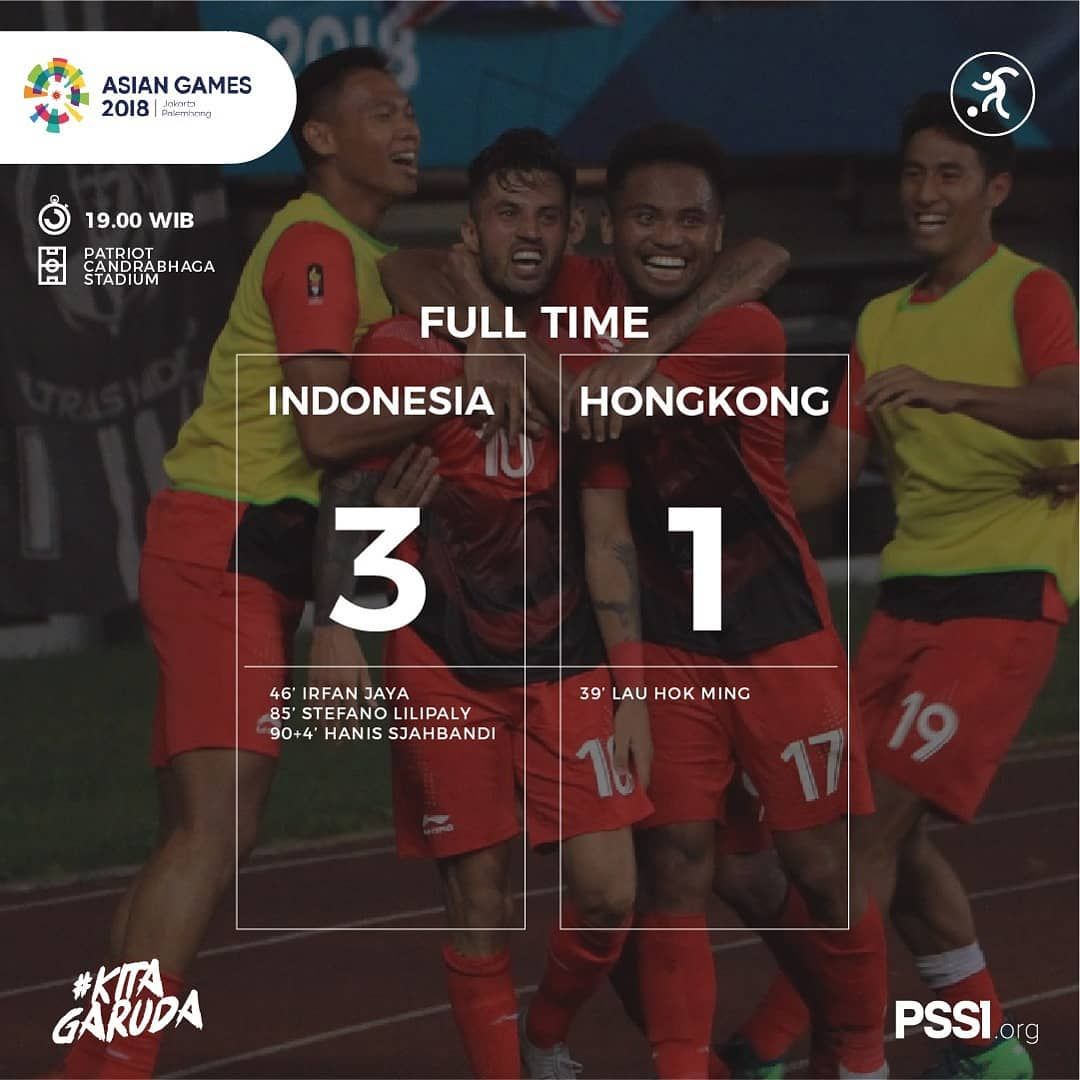 Kemenangan di laga terakhir fase grup Asian Games 2018. 
⠀⠀⠀⠀⠀⠀⠀⠀⠀
#INDONESIA 3-1 #Hongkong
⠀⠀⠀⠀⠀⠀⠀⠀⠀
Babak 16 Besar, Indonesia akan melawan Uni Emirat Arab, 24 Agustus 2018 16:00 WIB di Stadion Wibawa Mukti, Cikarang.