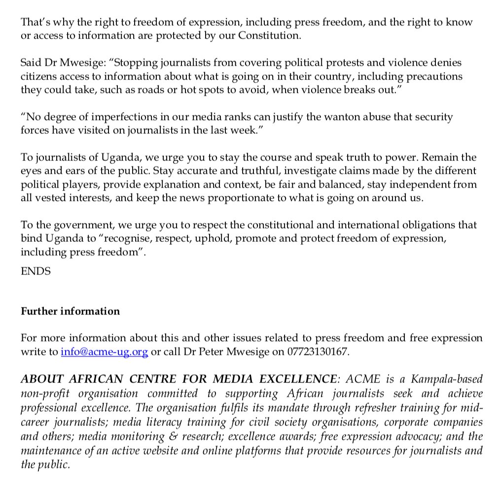 "Some journalists have been forced to delete footage from their cameras and phones of soldiers responding to or beating protesters. Some media houses have also been forced not to show images of the political violence unraveling in different parts of the country," @ACME_Uganda