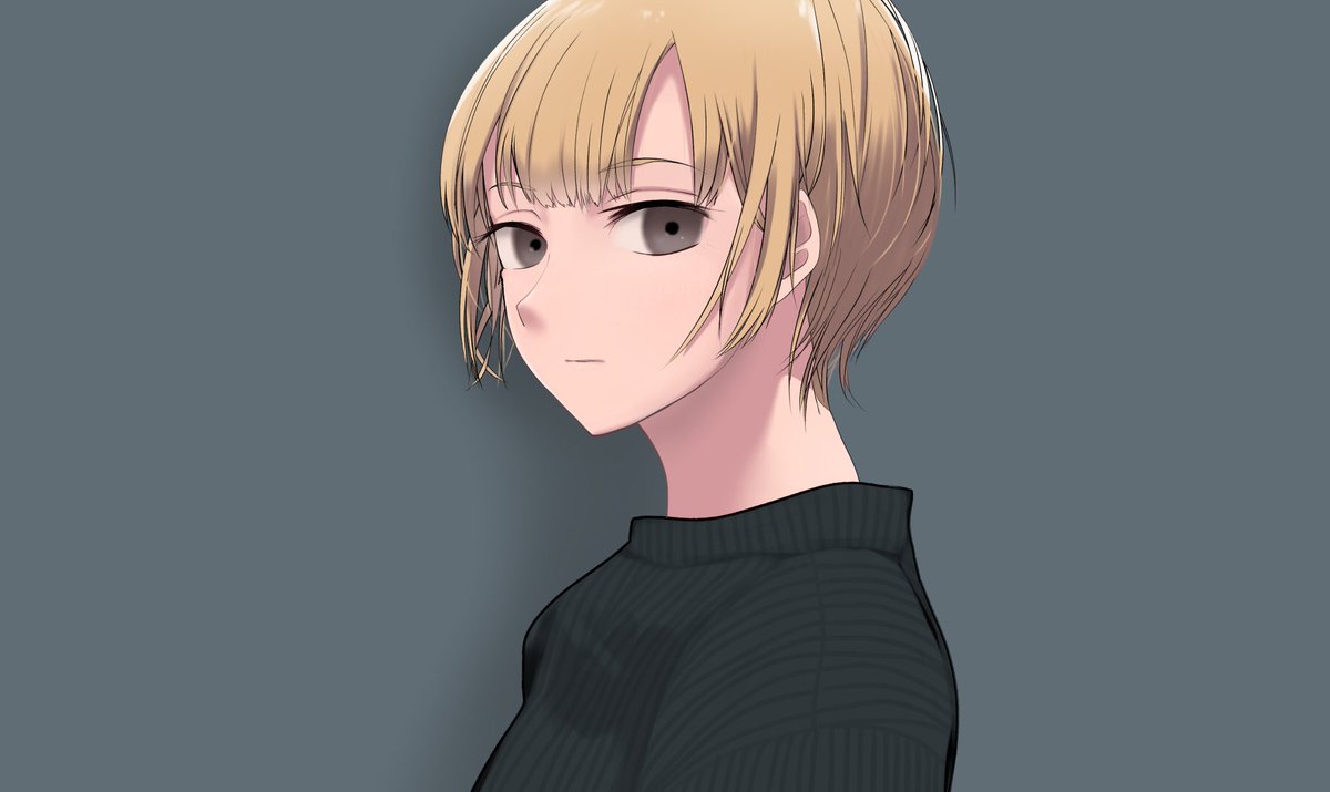 solo 1girl short hair blonde hair looking at viewer simple background sweater  illustration images