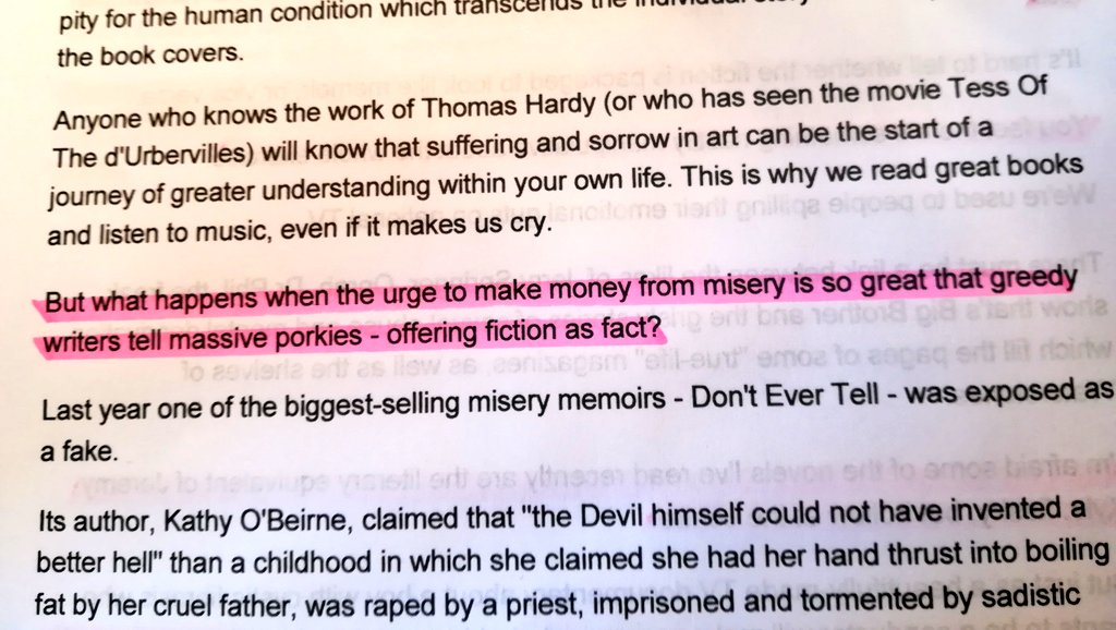 LSimpsonKilbane's tweet photo. Reading a few critiques of the 'misery memoir' genre for my studies. Particularly enjoyed the irony of this little remark in The Daily Mail...#irony #mislit https://t.co/6draE1SmfD