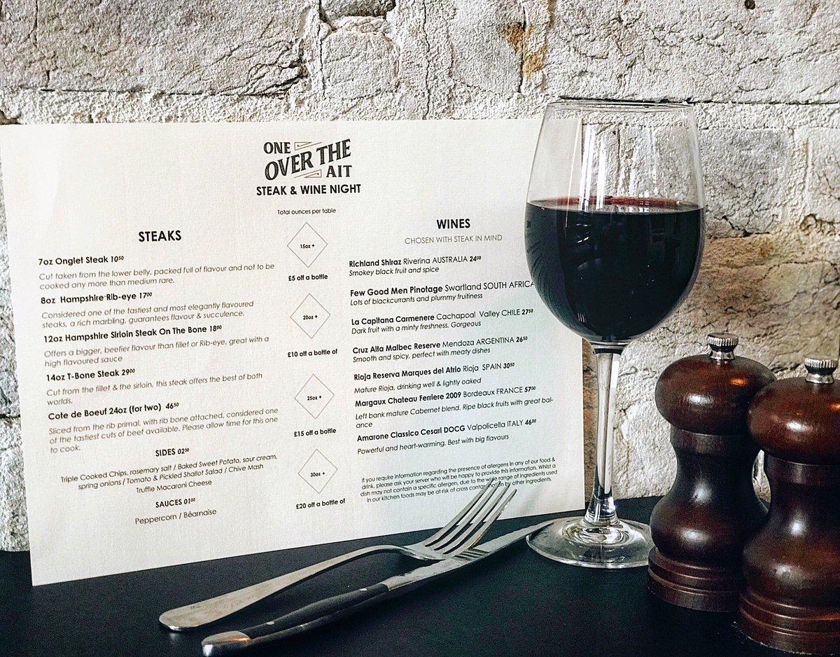 OneOverTheAit's tweet photo. Introducing, Steak & Wine Night, starting from 5pm tomorrow and every Tuesday going forward...๐๐ฅฉ๐ท
#steakandwinenight #Tuesday #oneovertheait #fullers #booknow https://t.co/BGCs0jsy4u