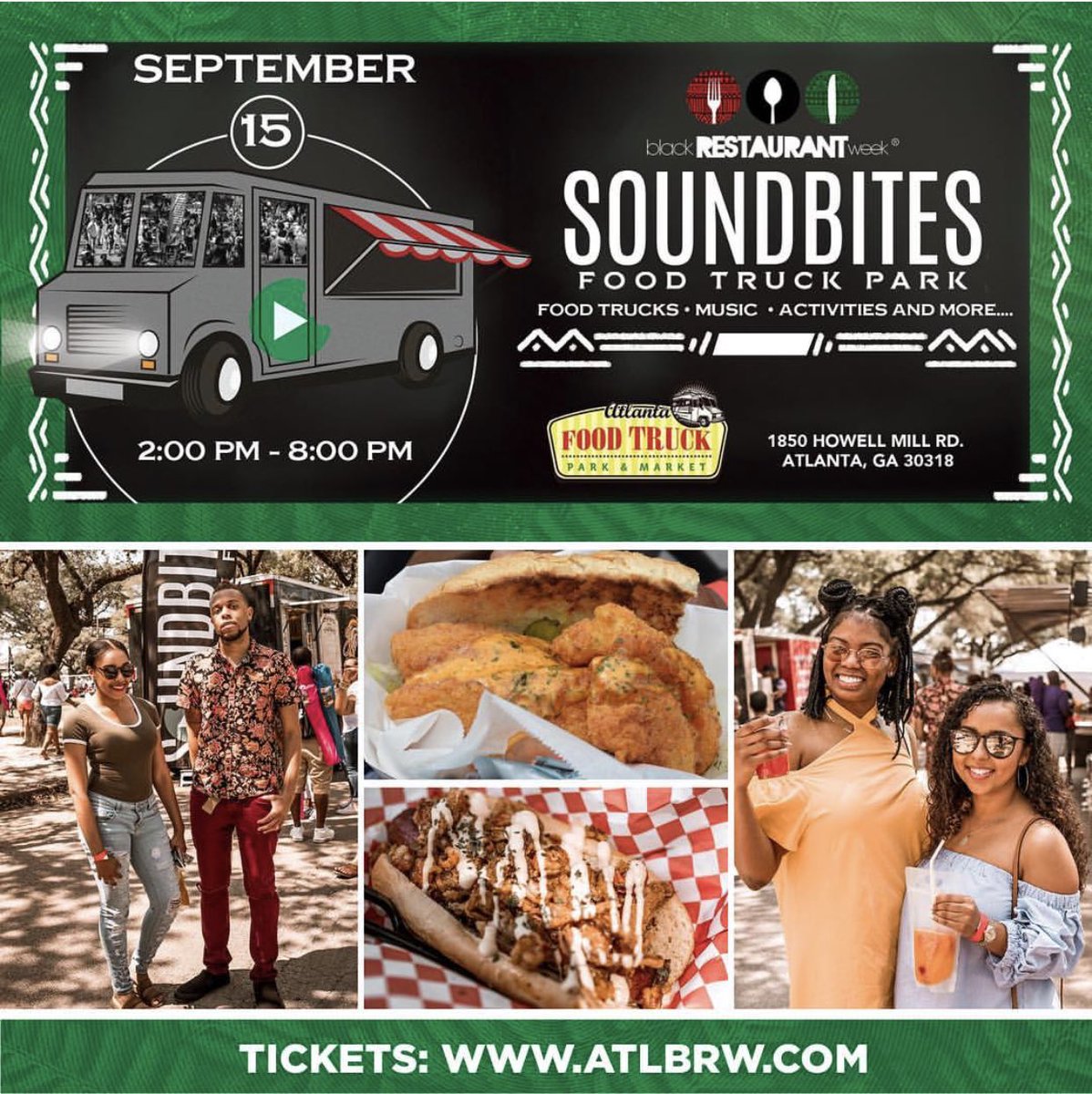 EARLY BIRD TICKETS available for the second annual Soundbites Food Truck Park. 
Multiple food trucks will be present serving everything from Juicy Wings to Delicious Burgers. Tell your friends #atlbrw #blackrestaurantweek