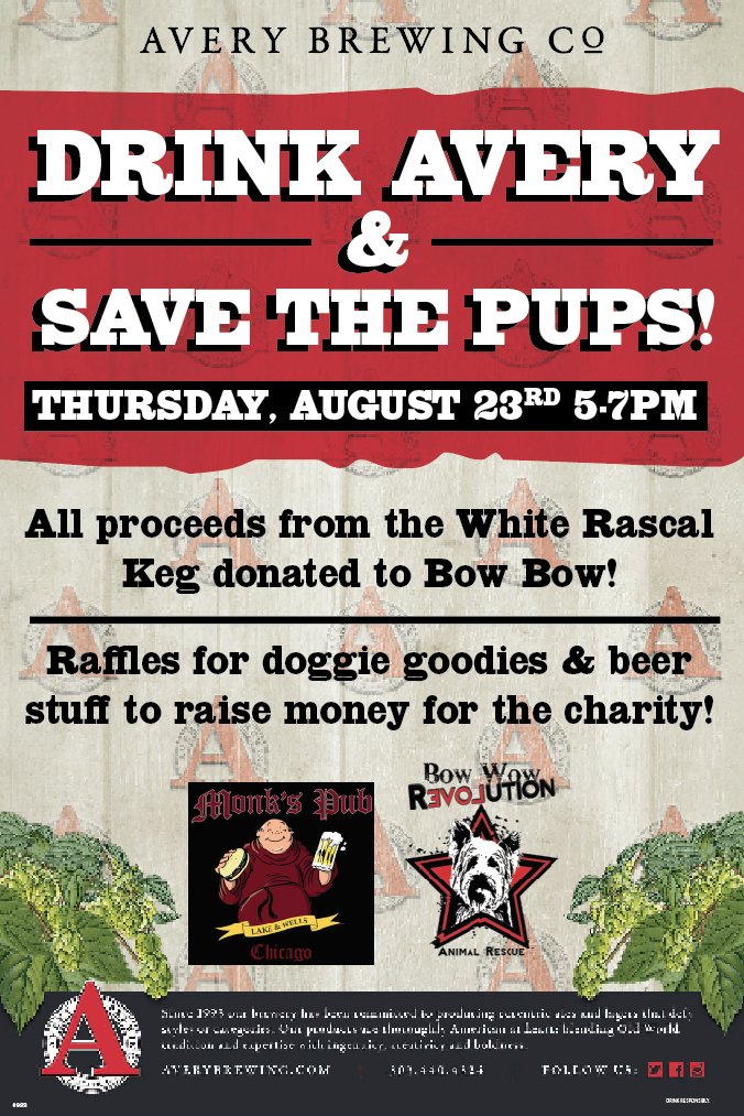 Thursday 8/23 5-7pm we'll be raising money for local animal rescue <a href="/BowWowRescue/">Bow Wow Revolution </a> with <a href="/AveryBrewingCo/">Avery Brewing Co.</a> 100% of the $$ from the White Rascal keg goes to BWR! Silent auction items include rare beer, golf, brewery tours!