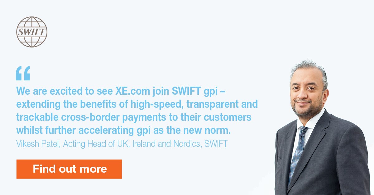 swiftcommunity's tweet photo. SWIFT is pleased to welcome @xe to the SWIFT gpi community. Banks, corporates and market infrastructures around the world are leading the way in making gpi the new standard in global payments. https://t.co/dXHdk1HsPp https://t.co/OXimeG2ggK