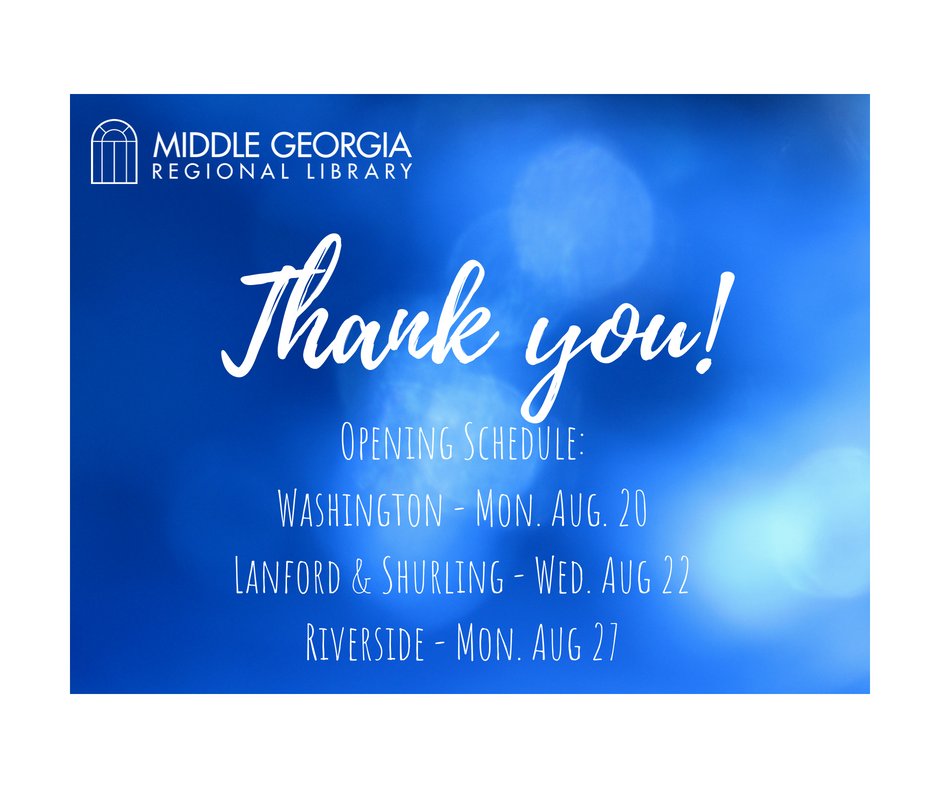 MGRLibraries's tweet photo. Just a reminder: WE'RE OPEN!
Washington Memorial opens today.
Lanford and Shurling open Wednesday 8/22.
Riverside opens 8/27.
We couldn't have done it without you!
#SaveMaconLibraries #SavedMaconLibraries https://t.co/yhscoCu59R