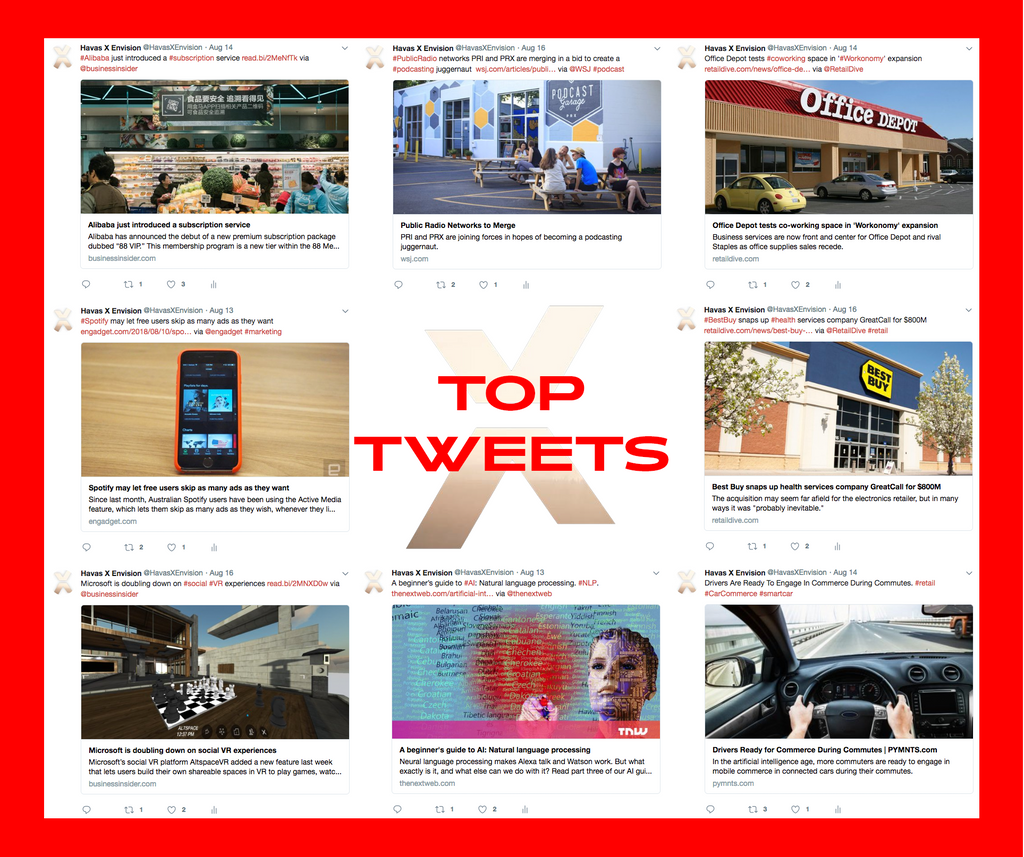 havascortex's tweet photo. Top Tweets, Week 33, 2018!
#BATX #GAFA #subscription #podcast #podcasting #workonomy #sharingeconomy #marketing #innovation #health #retail #social #VR #AR #socialVR #AI #NLP #ecommerce #smartcar #carcommerce #shopping #havas #havasx #media #tech #startups https://t.co/NqMFjmKxCh