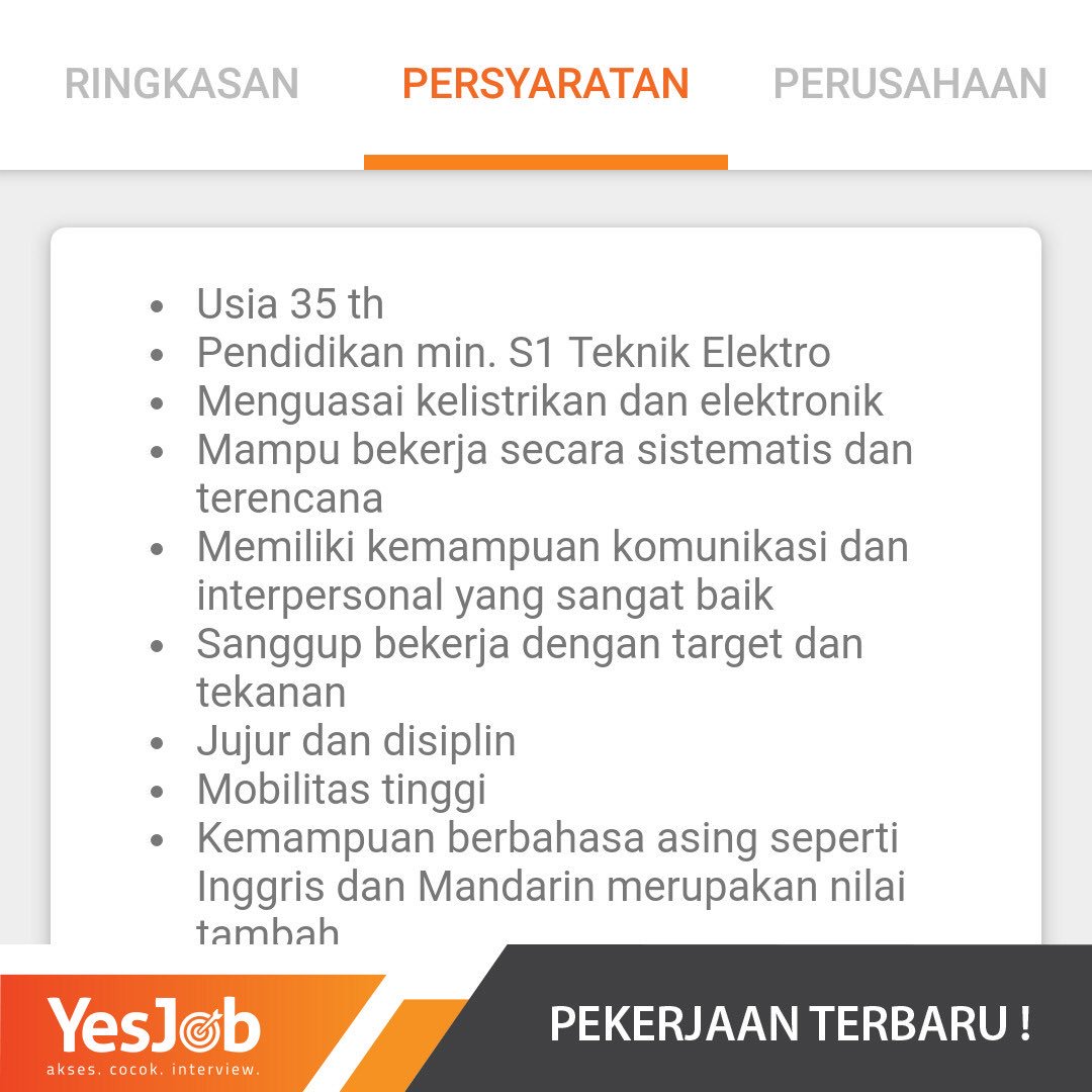 YesJobApp's tweet image. Dicari tenaga teknisi di Surabaya, apakah profile anda sesuai dengan lowongan kerja ini? Kalo Ya, buruan download aplikasi YesJob di HP kamu dan pastikan kalian memasukkan data dan profile yang sebenar2nya. Setelah itu tinggal tunggu notifikasinya, bersiap2lah utk lsg interview!