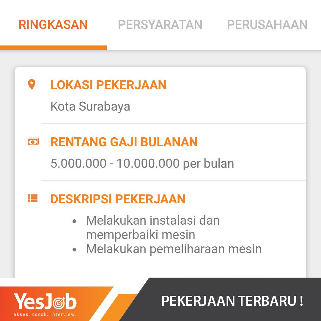 YesJobApp's tweet image. Dicari tenaga teknisi di Surabaya, apakah profile anda sesuai dengan lowongan kerja ini? Kalo Ya, buruan download aplikasi YesJob di HP kamu dan pastikan kalian memasukkan data dan profile yang sebenar2nya. Setelah itu tinggal tunggu notifikasinya, bersiap2lah utk lsg interview!