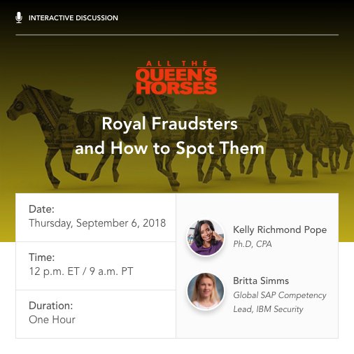erpmaestro's tweet photo. Captivated by "All The Queen's Horses"? Join us on Sept. 6 for an interactive discussion with director and fraud expert Kelly Pope and security/GRC expert Britta Simms as they discuss the film, fraudsters &amp; how to spot them. Register here: https://t.co/EIwuJECjRJ #coveryourassets https://t.co/eGtYg3Ecky
