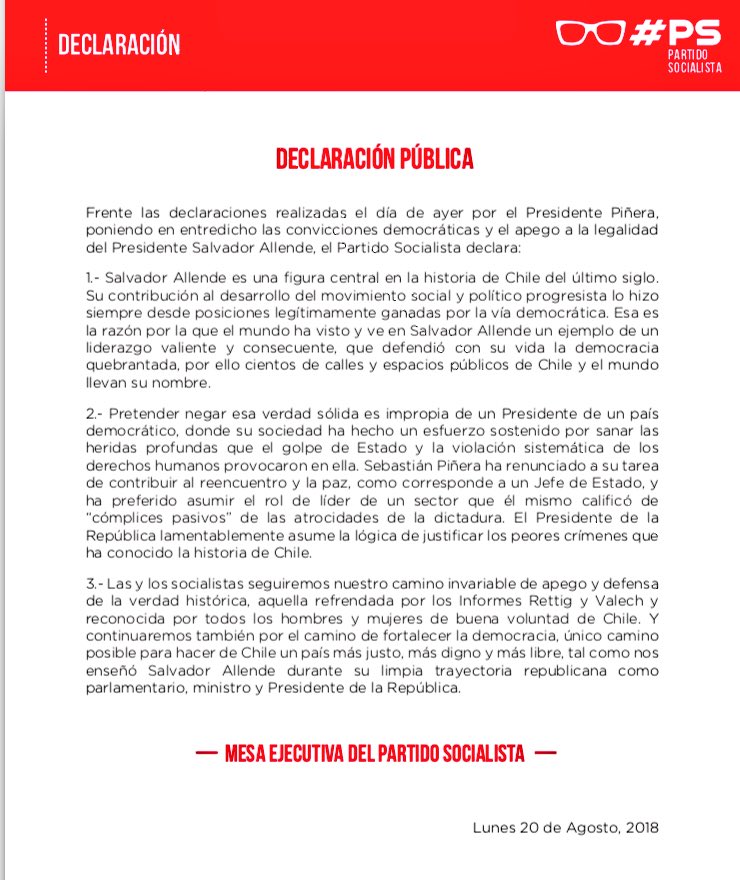 PSChile's tweet photo. Frente a los dichos del Presidente Sebastián Piñera, que buscaron poner en entredicho las convicciones democráticas del ex Presidente y compañero #SalvadorAllende, nuestro @PSChile declara👇🏼 https://t.co/SCYs6aL4mA