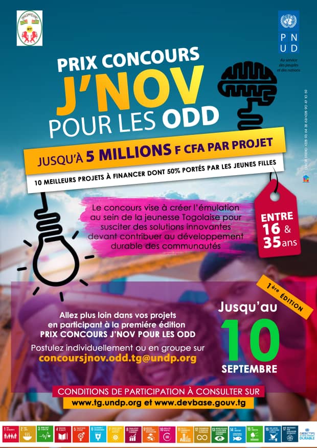 PnudTogo's tweet photo. C'est parti ! A vos méninges. Proposez des idées innovantes pour  les #ObjectifsMondiaux #DeveloppementDurable. Une opportunité pour les jeunes togolais de toutes catégories. Vous avez jusqu'au 10 septembre 2018. @TogoFirst @LaTeam228 Maxi partage @UN_Togo https://t.co/Ao9glipGgq