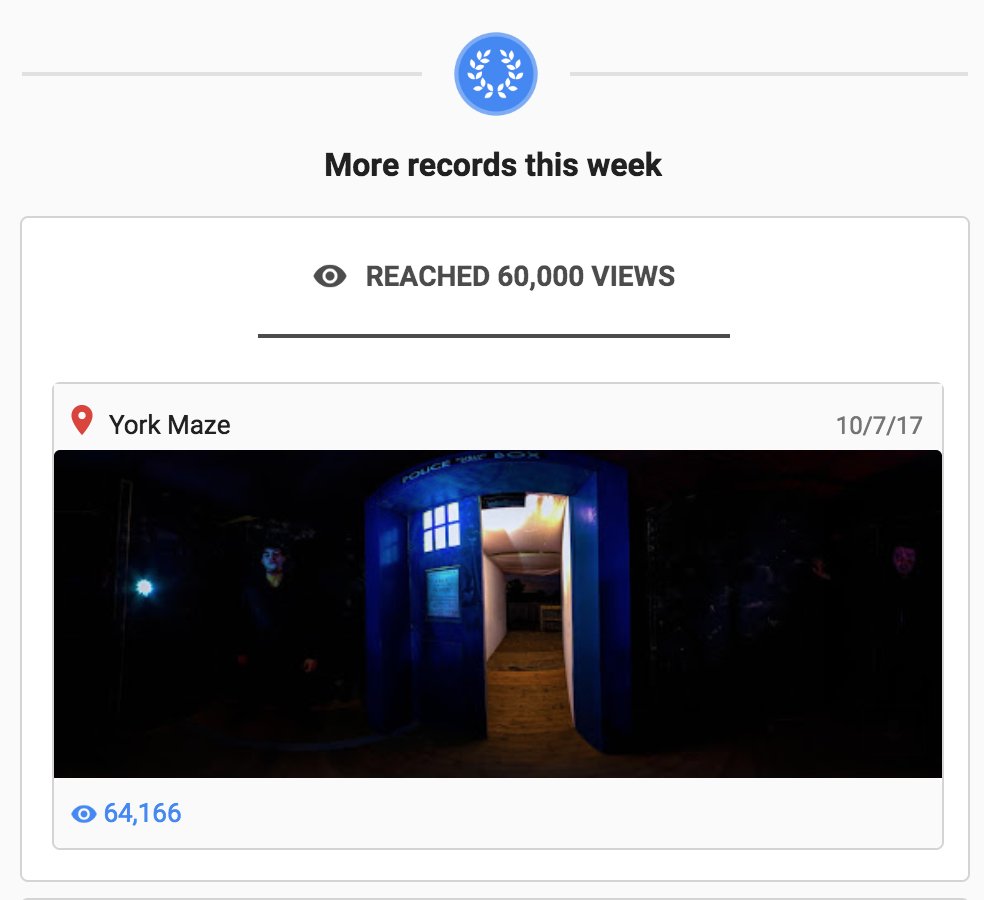 InkBlot360's tweet photo. 182k all-time impressions from some of our panoramas on Google search &amp; Maps as number keep going up:
60k from the TARDIS at previous year's @YMHallowscream at @Yorkmaze 
52k at @VisitYork_4M info centre
40k at #Jinnah #Selby
30k of @Donutkitchenuk at last year's @yorkfringe https://t.co/VtxfK5bvHX