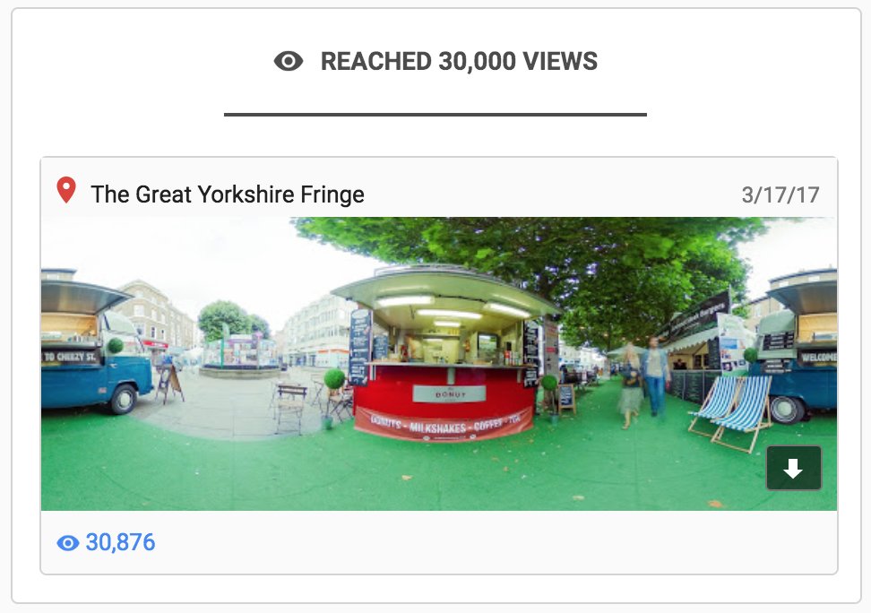 InkBlot360's tweet photo. 182k all-time impressions from some of our panoramas on Google search &amp; Maps as number keep going up:
60k from the TARDIS at previous year's @YMHallowscream at @Yorkmaze 
52k at @VisitYork_4M info centre
40k at #Jinnah #Selby
30k of @Donutkitchenuk at last year's @yorkfringe https://t.co/VtxfK5bvHX